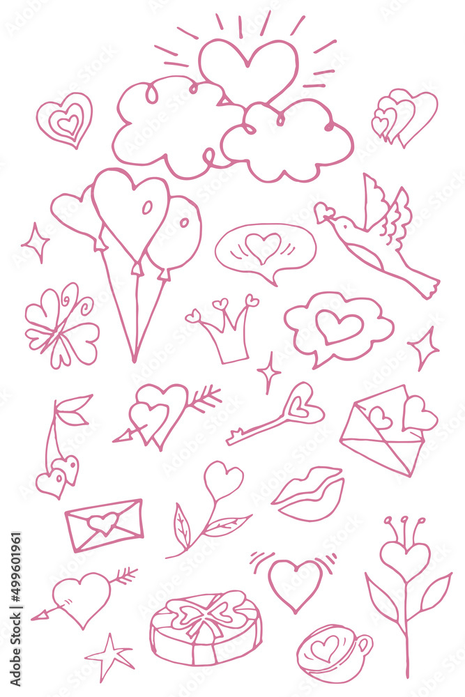 A set of doodle objects for lovers and Valentine's Day. Sketchy hand drawn doodle cute cartoon elements isolated on white background