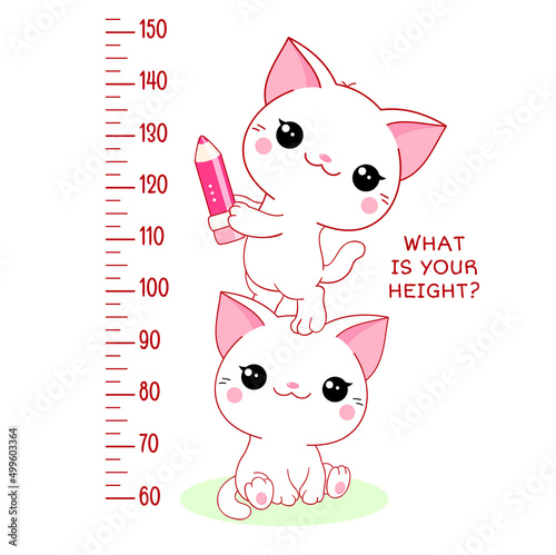 Height chart with kawaii white cats. Kids meter with cute little kitties. Inscription - What is your height? Meter wall or baby scale of growth. Vector illustration EPS8