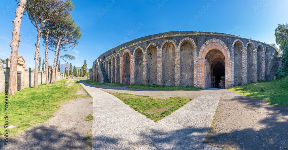Pompeii, Italy; April 18, 2022 - The Amphitheatre of Pompeii is one of the oldest surviving Roman amphitheatres. It is located in the ancient Roman city of Pompeii