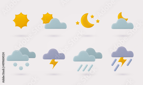 Set of 3d render meteorology icons. Weather cute realistic icon set. 
