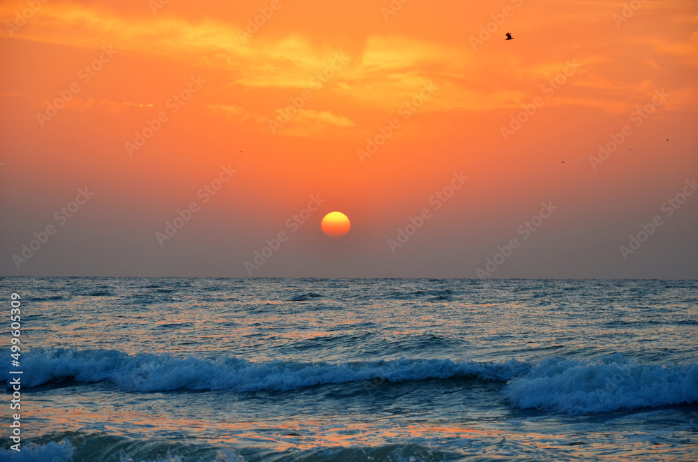 Sunrise at the sea in summer day . Beautiful sunrise sea landscape with sea waves  .Vacation near the sea concept .Free copy space