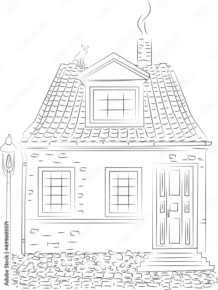Vector illustration of a cute house drawn with a black line with a cat on the roof, isolated on a white background.