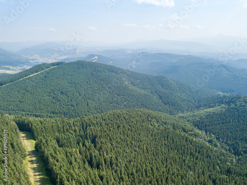 Green mountains of Ukrainian Carpathians in summer. Sunny day, rare clouds. Aerial drone view.