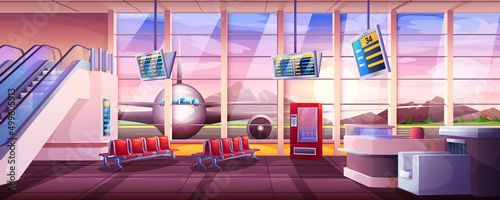 Cartoon airport waiting room interior, terminal hall with passenger chairs, escalator and window with airplane view. Departure lounge with seats, vending machine and flight schedule display.