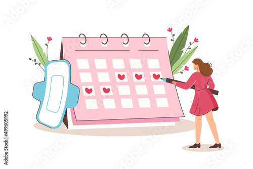 Flat young woman mark date of menstrual periods in calendar. Menstruation cycle control or pregnancy planning. Pms tracker or ovulation day. Concept of women health, prediction of fertile days.