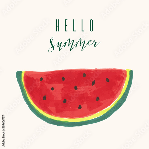 Watermelon slice, hello summer lettering. Hand drawn vector illustration watercolor splashes, isolated background. Vegetarian eco food product, organic, vegan nutrition. For menu cover design, print.