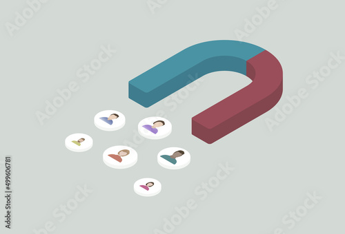 User engagement - customer acquisition and retention concept. Acquiring a new customers with inbound marketing strategy. Magnet in isometric design style attracting people. Ecommerce churn rate photo