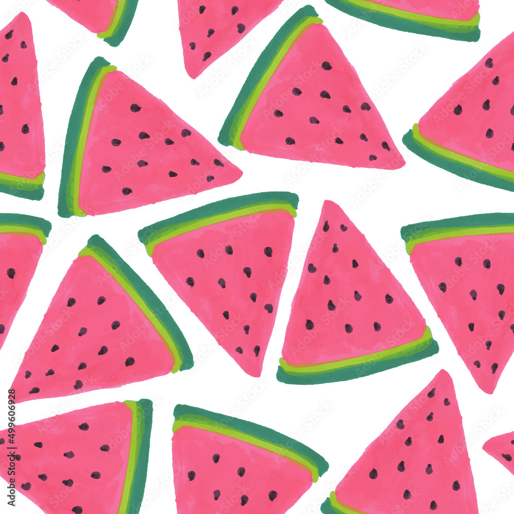 Watermelon slice seamless pattern. Hand drawn vector illustration watercolor splashes, isolated background. Vegetarian eco food product, organic, vegan nutrition. For menu cover design, print, poster. Watermelon slice seamless pattern. Hand drawn vector illustration watercolor splashes, isolated background. Vegetarian eco food product, organic, vegan nutrition. For menu cover design, print, poster.