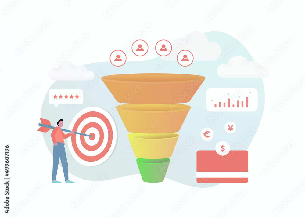 Customer conversion funnel - lead generation concept. Increase website conversion sales rate. Optimizing online advertising and digital marketing strategy to reach a larger audience