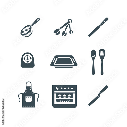 Baking tools icons. Flat vector simple pictograms. Kitchen bakery equipment for pastry cooking. Bakeware such as stainless sift, measuring spoons, cake knife, oven, pan, timer, spatula, apron