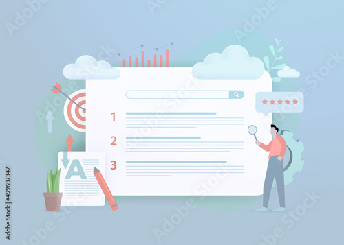 Website Seo ranking in search engines results page. The ratio of optimized content, keywords, backlinks and behavioral seo factors. Flat design 3d vector illustration