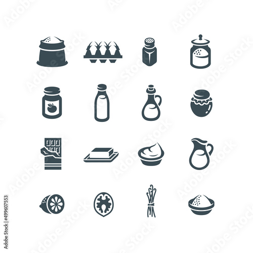 Baking ingredients pictograms. Products for preparing homemade pastry. Simple flat monochrome icons of flour, salt, sugar, milk, butter, oil, eggs, jam, honey, chocolate, vanilla, nuts, lemon, cream