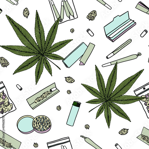 Seamless vector  pattern with marijuana leaves, rolling paper, buds, grinder, lighter. Cannabis background