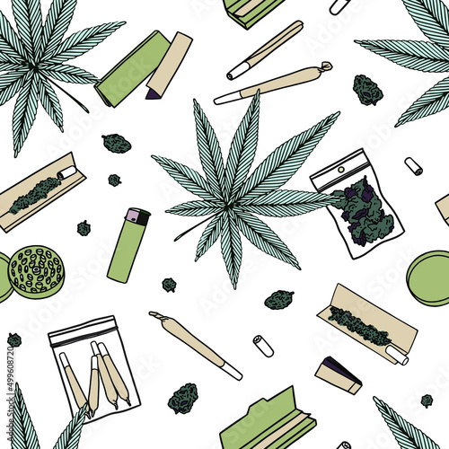 Seamless vector  pattern with marijuana leaves, rolling paper, buds, grinder, lighter. Cannabis background