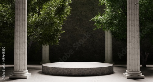 Fotografiet Stone platform with Corinthian pillars and natural trees with shadow background
