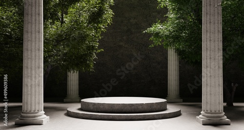 Canvastavla Round stone platform with Corinthian pillars and natural trees with shadow background