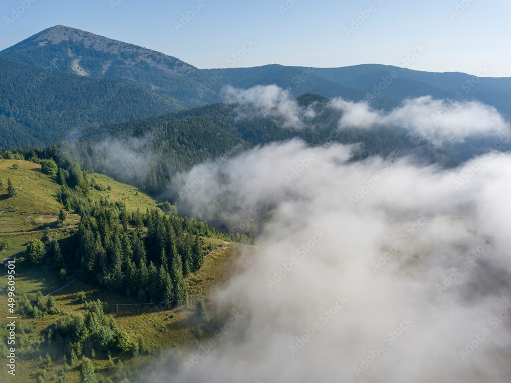 Morning fog in the Ukrainian Carpathians. Aerial drone view.