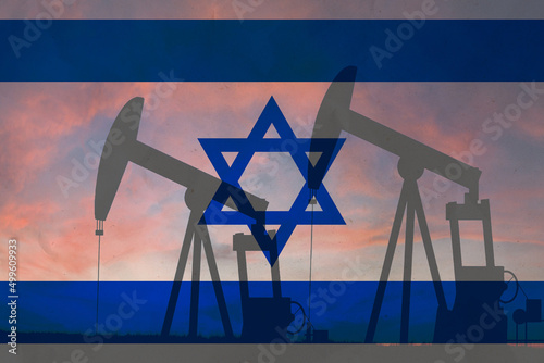 Israel oil industry concept  industrial illustration. Israel flag and oil wells  stock market  exchange economy and trade  oil production