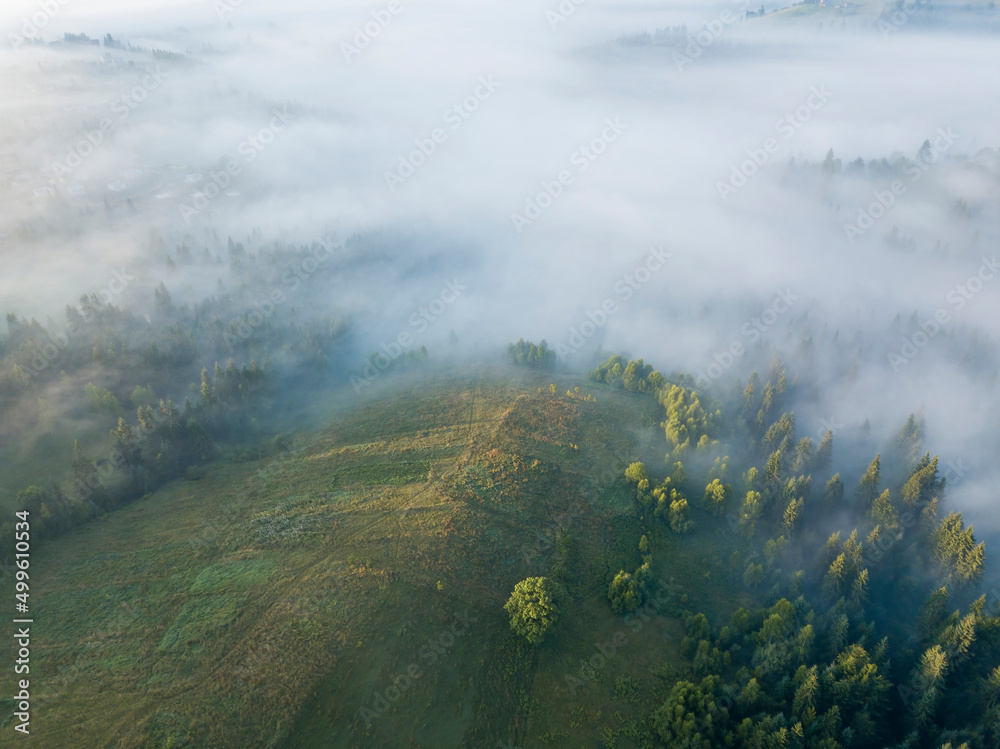 Fototapeta premium Morning mist in Ukrainian Carpathian mountains. Aerial drone view.