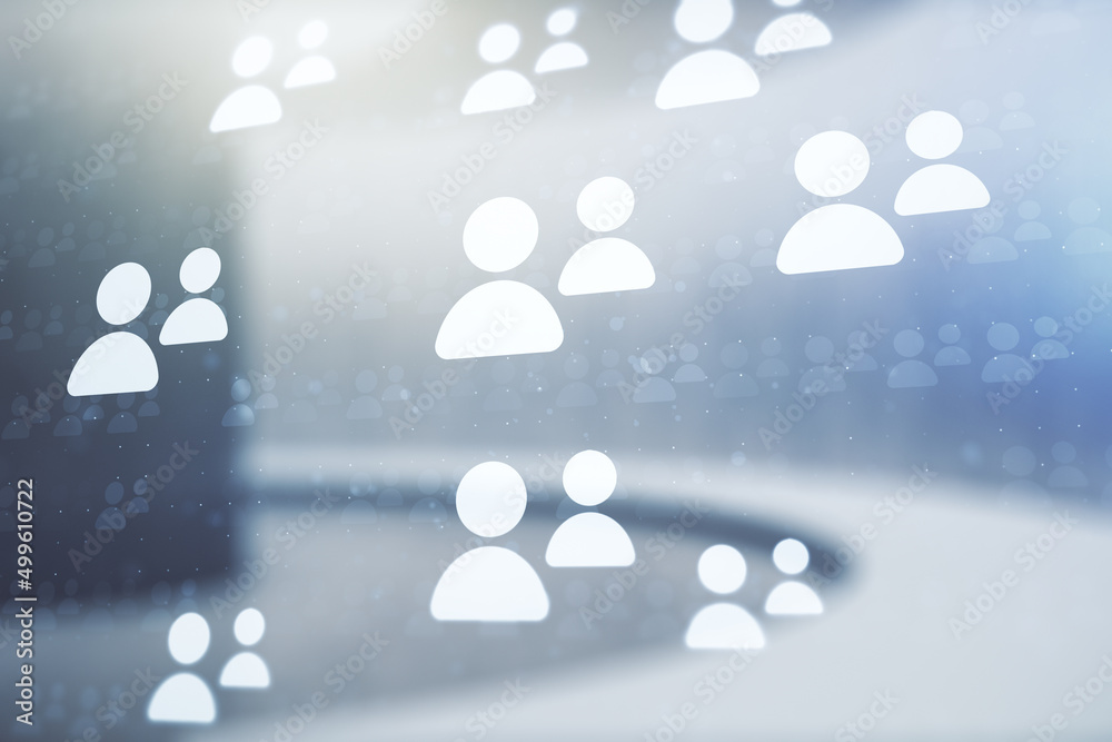Double exposure of social network icons hologram on empty room interior background. Networking concept