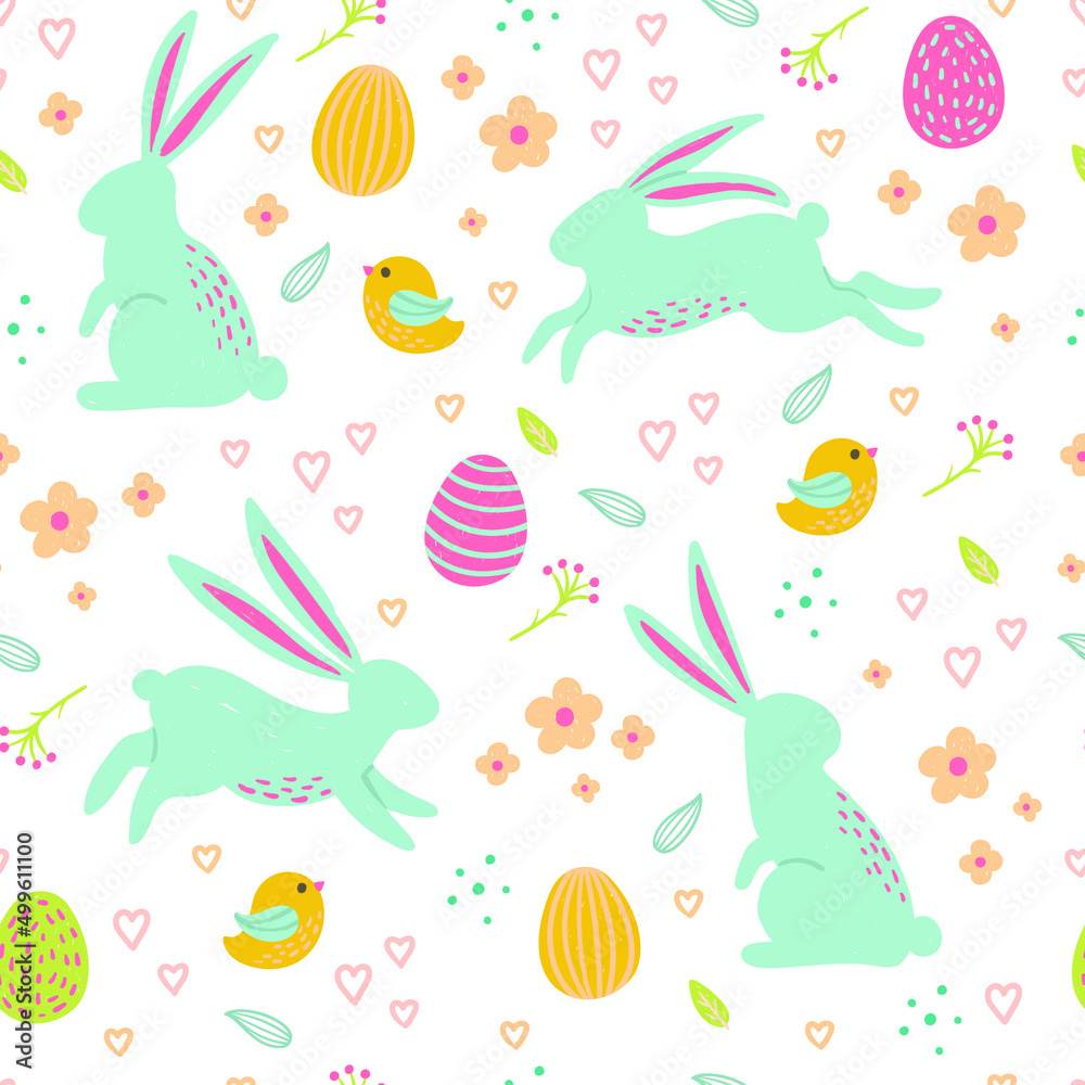 Seamless Easter bunny rabbit pattern eggs flowers
