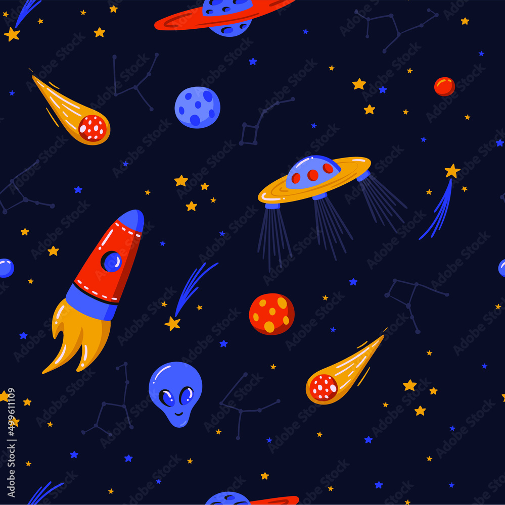 Naklejka premium Spaceships night sky space illustration