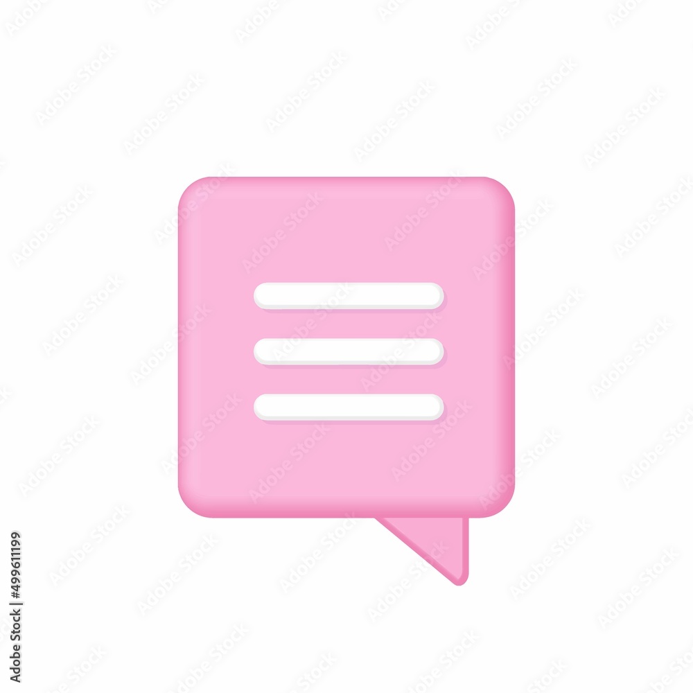 Square Pink Speech bubble with text. 3d vector icon, minimal style. 3d vector talking cloud, chatting box, message box. Mobile app icon. Vector isolated sign on white background. Vector talking box