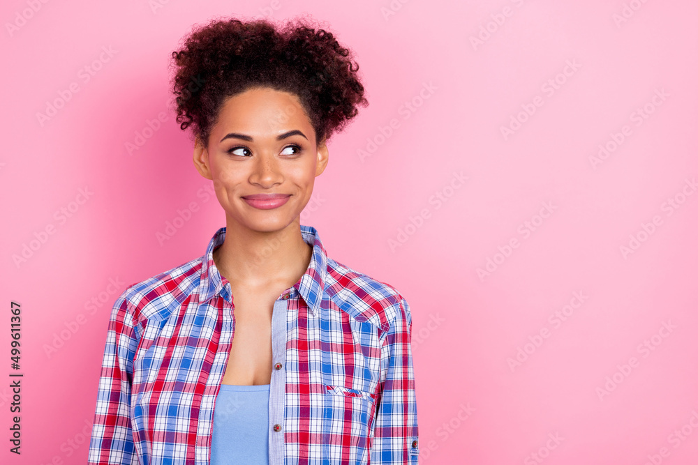 Photo of millennial nice curly hairdo lady look promo wear blue shirt isolated on pink color background Photo of millennial nice curly hairdo lady look promo wear blue shirt isolated on pink color background