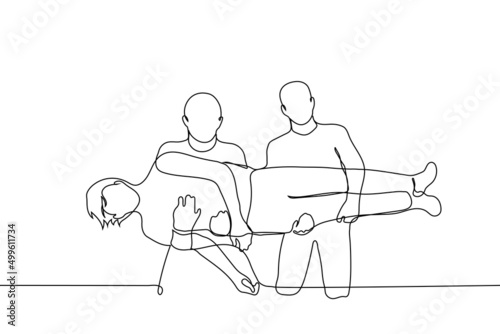 two men holding a third one - one line drawing vector. acrobatics stunt. concept, two friends are honoring a third or carrying somewhere, funny pose for a photo