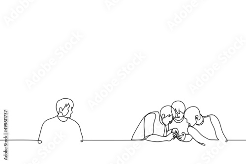 teen outsider sitting alone and jealous of company of friends addicted to phone - one line drawing vector. concept of hermitage, bullying, lack of friends, social awkwardness, self doubt