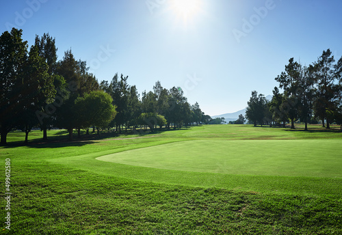 This is were the game gets played. Shot of a beautiful green golf course surrounded with trees on a sunny day.