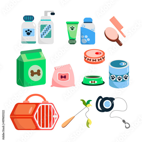 Set of colorful pet accessories in cartoon style. Vector illustration of tools food, toys and supplies for cats and dogs, goods for pet shop on white background.