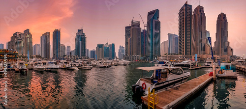 Panorama of Dubai Marina at sunset in Dubai, UAE