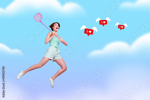 Photo image of overjoyed funny lady catching in high sky social likes reposts with wings addicted user