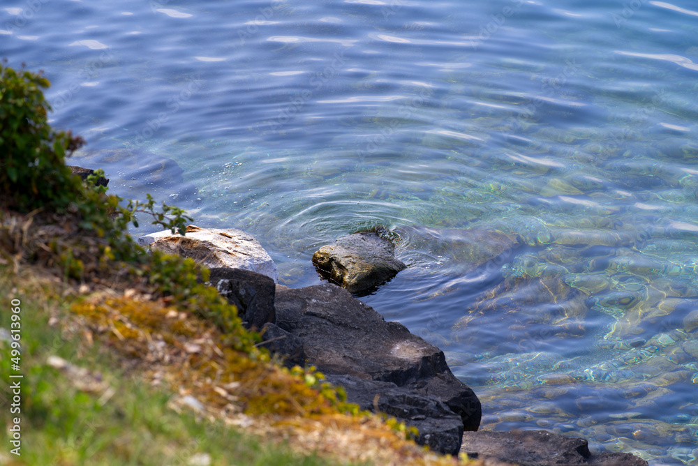 Fototapeta premium Lakeshore of Lake Geneva with rock and concentric waves and green blue colored water on a cloudy spring day. Photo taken April 4th, 2022, Montreux, Switzerland.