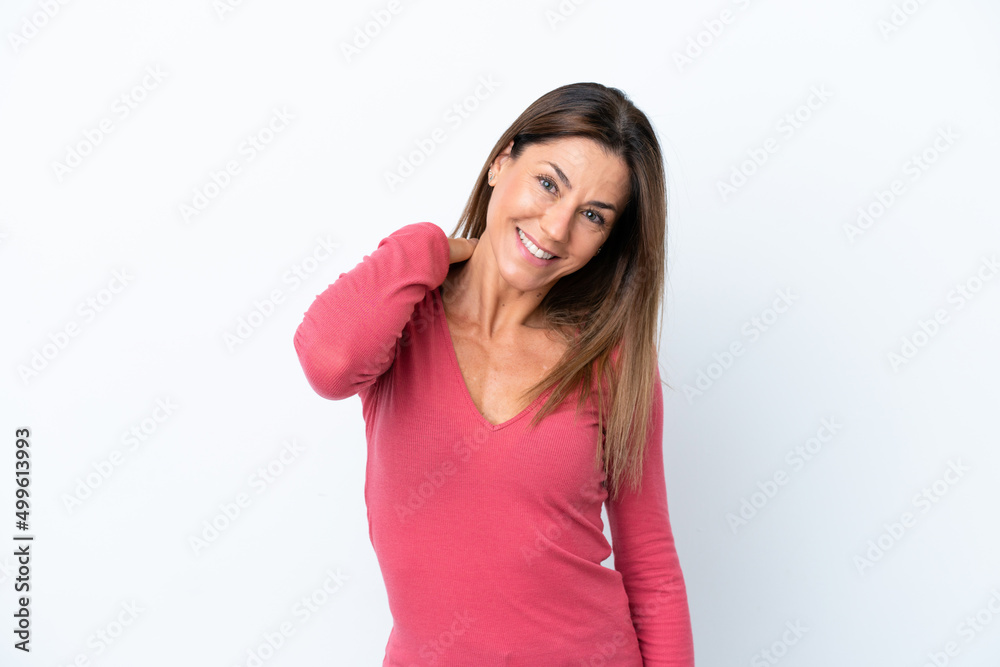 Middle age caucasian woman isolated on white background laughing