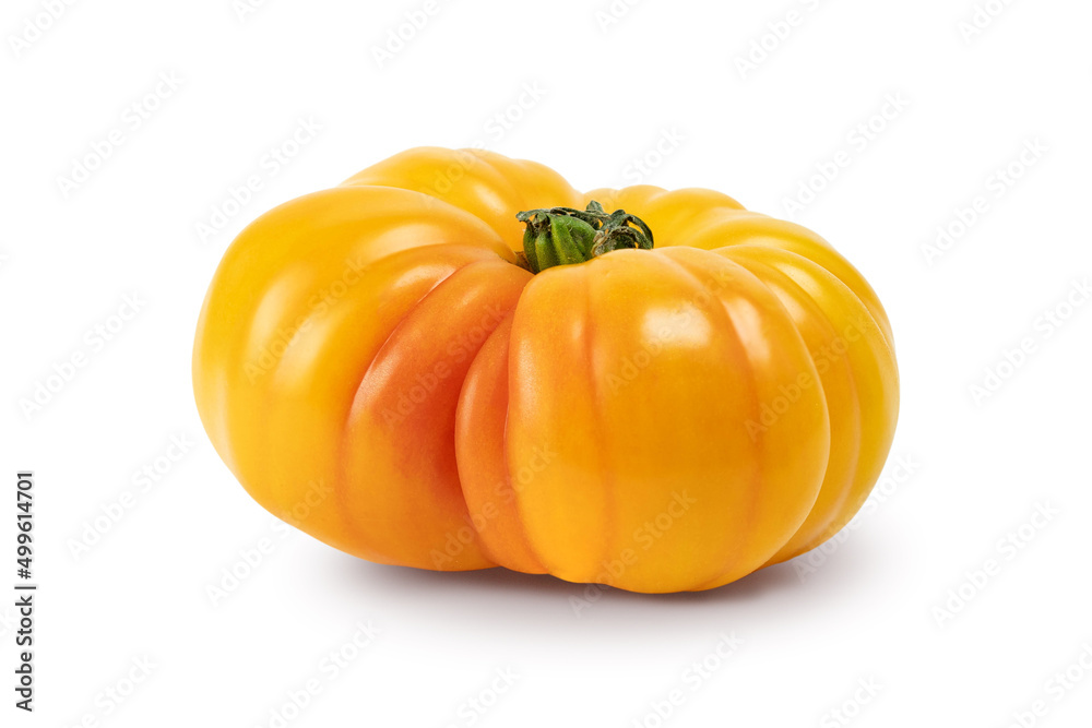 Obraz premium Fresh yellow beefsteak tomatoes isolated on a white background. Top view.