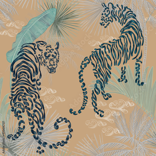 Photography Trendy seamless pattern with Chinese tiger in lush stylized tropics, Asian motifs