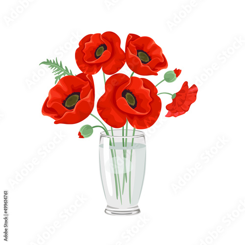Red poppies in a transparent glass vase isolated on a white background. Vector illustration of poppy flowers in cartoon style.