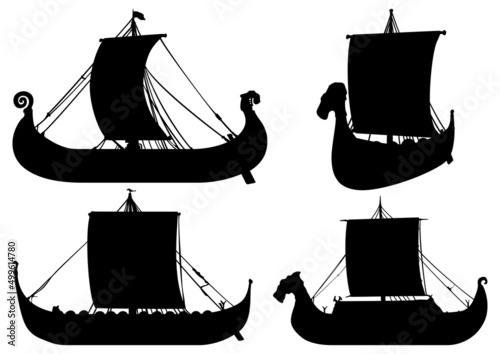 Fantasy viking ships silhouettes set / Variations of medieval viking ships under sails 