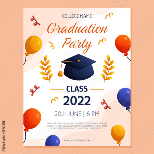Graduation party poster invitation with cap, ballons, branches. Vector layout template. Degree ceremony invite. Student flyer design.