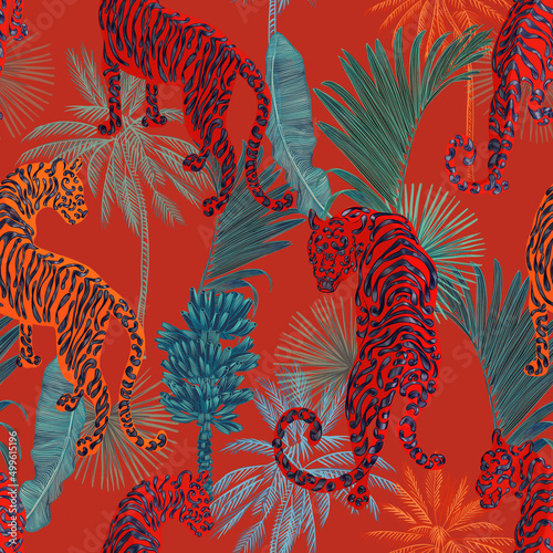 Canvas Print Trendy seamless pattern with Chinese tiger in lush stylized tropics, Asian motifs