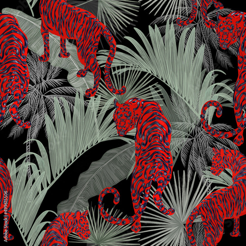 Trendy seamless pattern with Chinese tiger in lush stylized tropics, Asian motifs. symbol of the Chinese new year according to the lunar calendar.