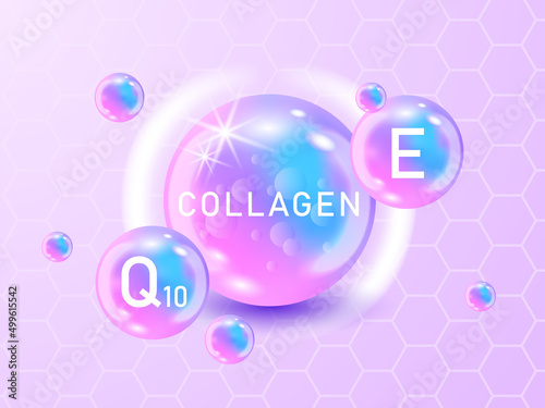 Collagen solution, Q10, Vitamin E. Vitamin skin care for ad. Shining pill capsule icon. Substance For Beauty, Cosmetic, Heath Promo Ads Design. 3D vector background