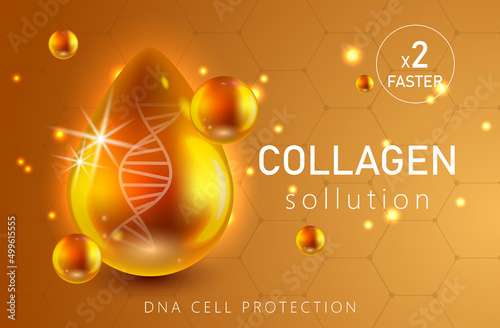 Collagen solution. Vitamin skin care for ad. Shining pill capsule icon. Substance For Beauty, Cosmetic, Heath Promo Ads Design. 3D vector background