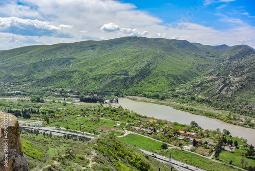 Stunning view, from the Jvari monastery, from a bird's eye view of the Mtkvari river, April 2019. Mtskheta. Georgia
