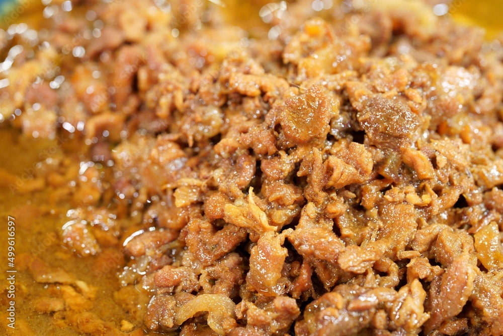 Close-up of Sweet Pork Condiment, thai street food market Close-up of Sweet Pork Condiment, thai street food market