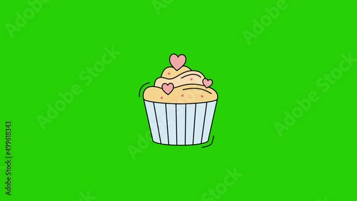 4k video of cartoon little cake on green background.