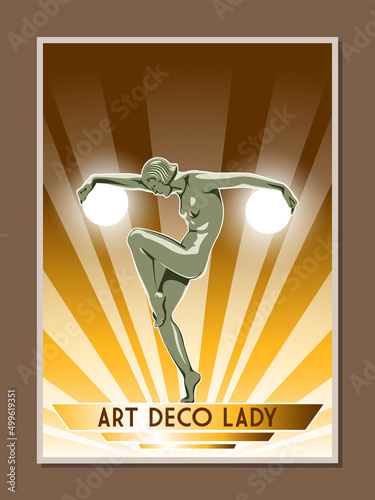 Art Deco Lady Sculpture Vintage Style Poster. 1920s Retro Statue Illustration
