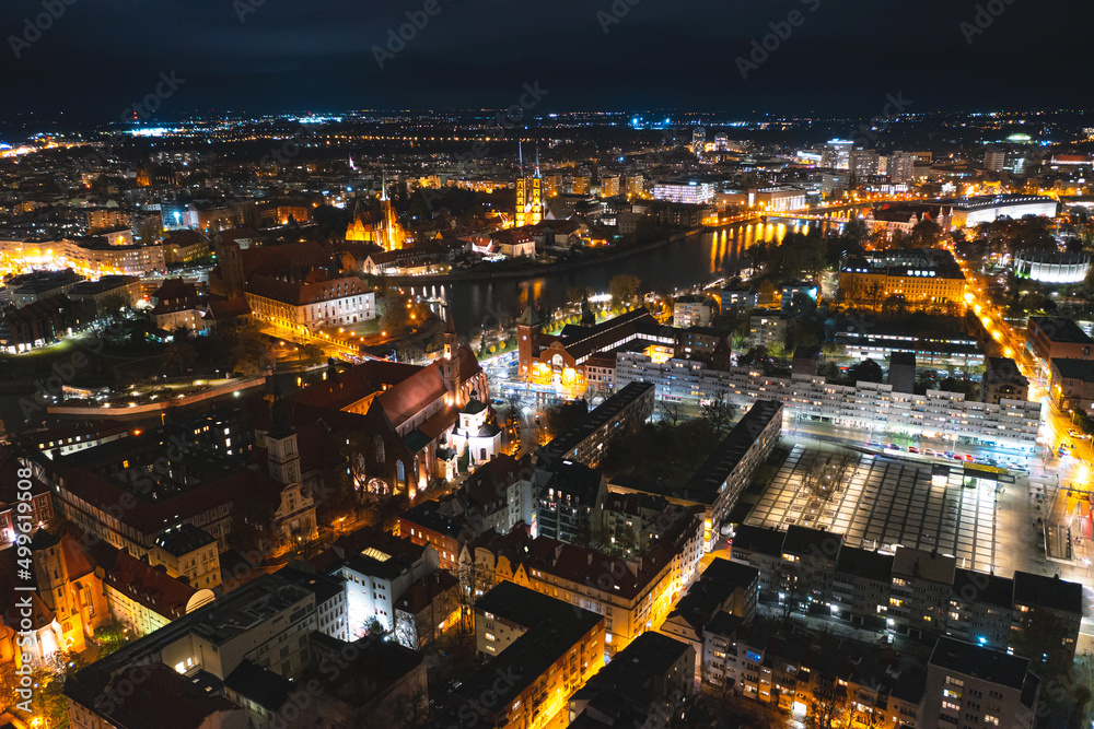 Night view of Wroclaw. Bird's eye view of the old European city at night